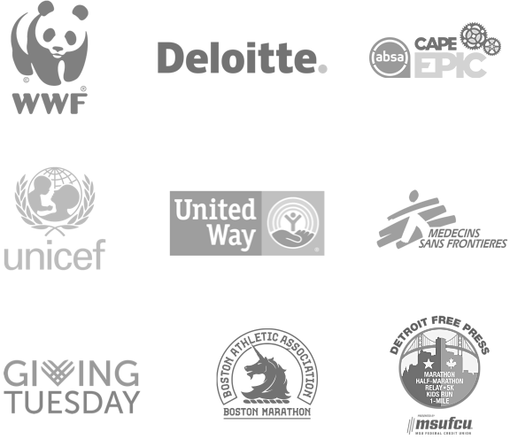 WWF, Deloitte, Cape Epic, Unicef, United Way, Medecins Sans Frontieres, Boston Athletic Association, Giving Tuesday, Missing Children Europe, Detroit Free Press - Talmer Bank, Running USA, Zwift, Njuko.com, ASICS