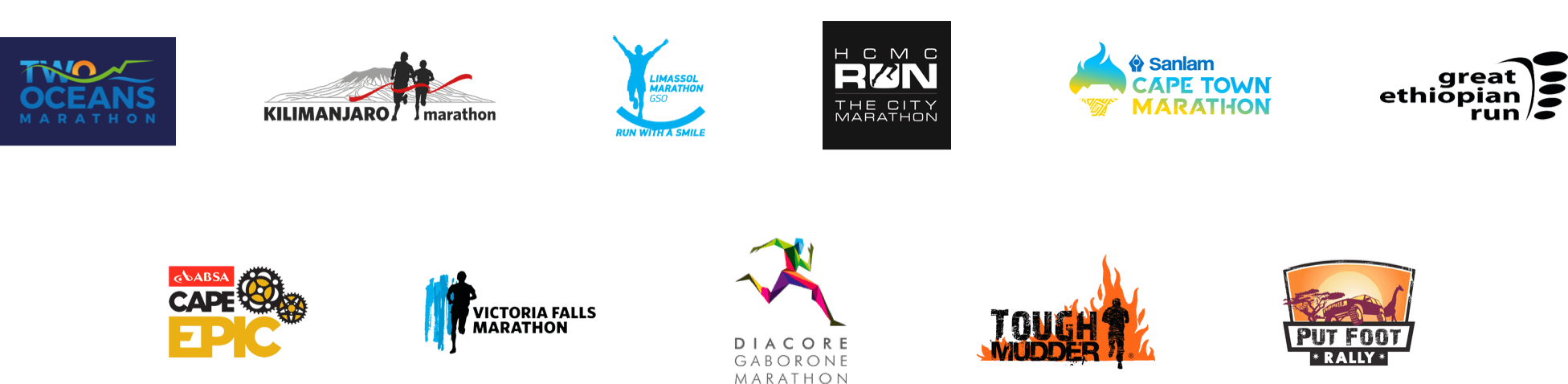 Two Oceans Marathon, Cape Epic, Cape Town Marathon, Put Foot Rally, Diacore Gaborone Marathon, Tough Mudder, Great Ethiopian Run