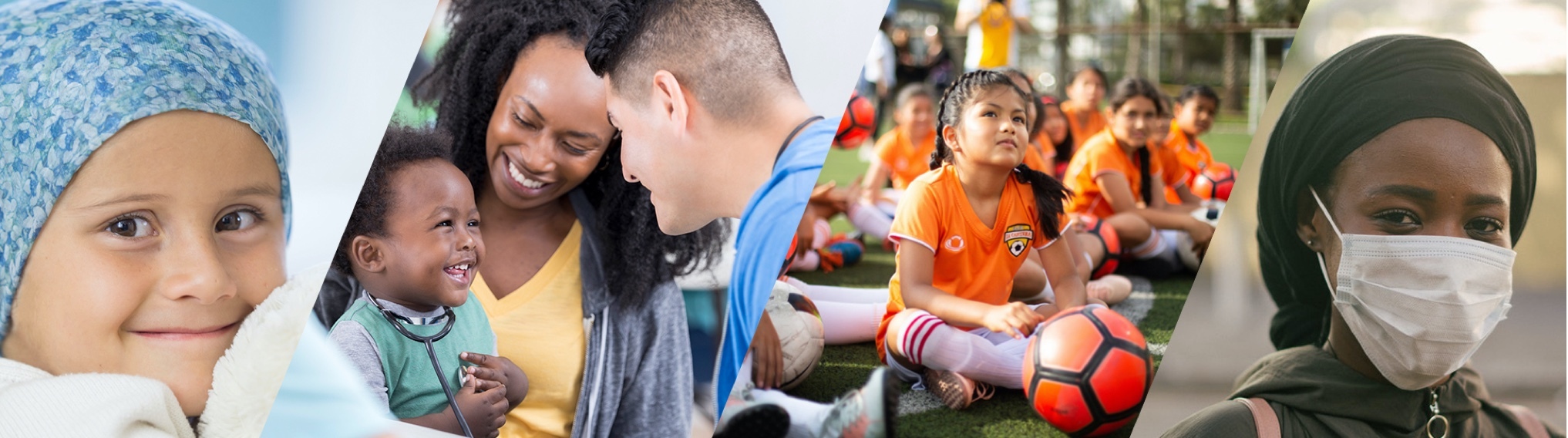 From left to right a child, a child with a doctor, children footballers and a woman wearing a mask.